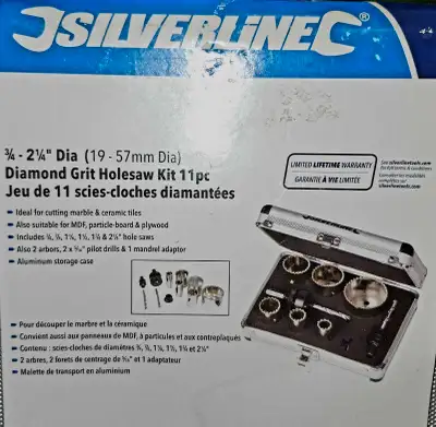 This Silverline Diamond Grit Hole Saw Kit includes 11 pieces with sizes ranging from 3/4" to 2-1/4"...