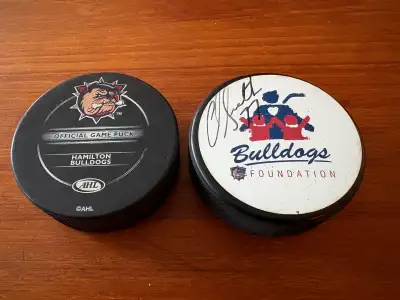 Hamilton BULLDOGS AHL Hockey team pucks memorabilia., View more