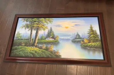 This serene landscape painting captures a tranquil scene with lush trees, a calm lake, and a distant...