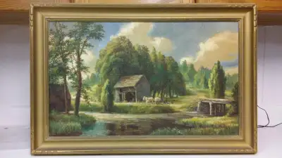 Rare antique Canadian farm yard oil painting., View more