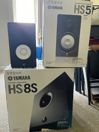 Two Yamaha HS5 speakers and one HS8S subwoofer for sale. $600