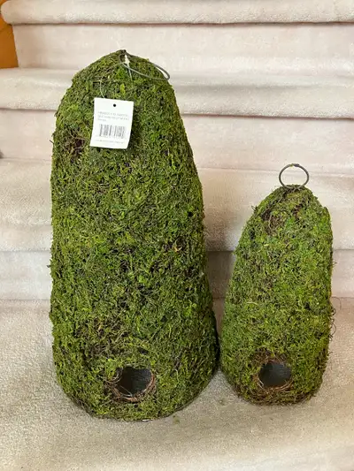 New Moss Covered Wire Bee Hive, set of 2, 19” high x 10” across & 10” high x 6” across. $15 set