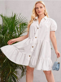 Plus size Collared Puff Sleeve Smock Dress