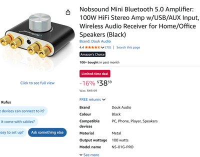 Nobsound Mini Bluetooth 5.0 Amplifier: 100W HiFi Stereo Amp, View more
