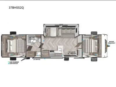 Forest River Wildwood travel trailer 37BHSS2Q offers two master bedrooms with a super slide and a hu...