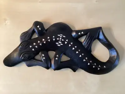 Vintage Hand Carved Wood Gecko Lizard MOP Inlay Folk Art, View more