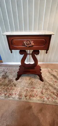 Beautiful Carved Mahogany and Marble Music Themed Side Table wit