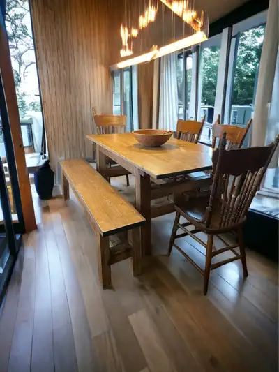 Farmhouse reclaimed wooden dining table with a matching bench , View more
