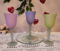 Set of 3 Tall Pastel Colored Wine Glasses 