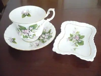 ROYAL ALBERT MAYFLOWER TEACUP,  SAUCER AND CANDY DISH, View more