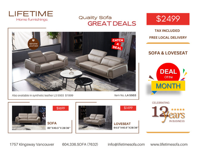 Genuine Top Grain Leather Sofa Set ( Sofa & Loveseat ) in Couches & Futons in Vancouver