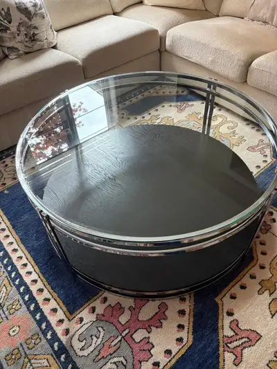 Bernhardt Glass, Wood & Chrome 48” – Excellent Cond, View more