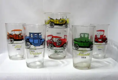 ENSEMBLE VERRES VINTAGE HAZEL ATLAS AUTOMOBILE GLASSES c.1960 English spoken, email me if details ar...