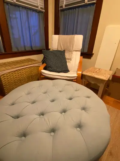 Traditional Style Round Tufted Blue Ottoman , View more