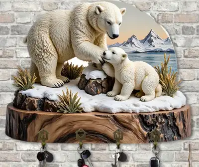 *NEW* 2-D FLAT WOODEN PANEKEYCHAIN HOLDER - SNOWY POLAR BEARS, View more