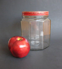 1930s Octagonal Glass Hoosier Jar with Red Metal Lid