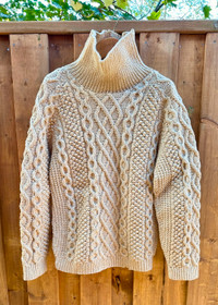Irish "Aran" Virgin Wool Sweater, Turtleneck, Mens Large