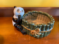 Vintage Glazed Pottery Panda Bear Planter with Green Bamboo Pot