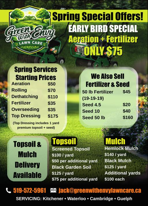 Aeration, Lawn Rolling, Dethatching and Fertilizing. in Lawn, Tree Maintenance & Eavestrough in Kitchener / Waterloo - Image 2