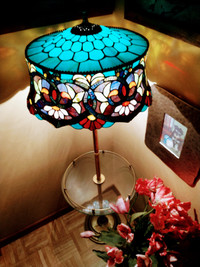 Tiffany stained glass & brass floor lamp with glass table.
