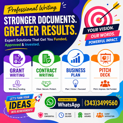 GRANT WRITING, CONTRACT WRITING, BUSINESS PLAN, PITCH DECK, View more
