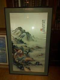BEAUTIFUL LARGE VINTAGE 33" BY 20" CHINESE MOUNTAIN LANDSCAPE PA