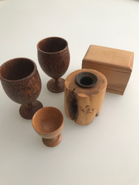 Five-5 Handcrafted Wood Items i.e. Goblets,CandleholderBox,Etc.