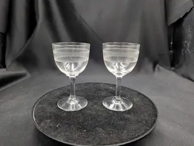 Vintage Etched Sherry Glasses Pair Manganese, View more