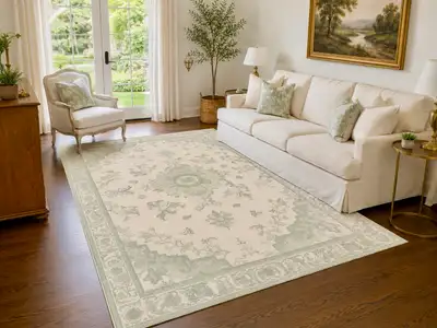 Floral Medallion Area Rug in Ivory, Sage, and Cream, View more