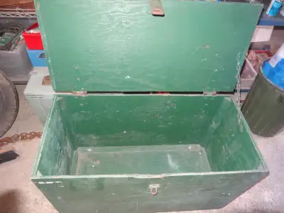 For sale is a good used wooden job site tool storage box Box has 4 wheels and latch with a master pa...