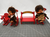 Vintage Monchhichi Dolls & Furniture Rocking Horse Chairs Bench