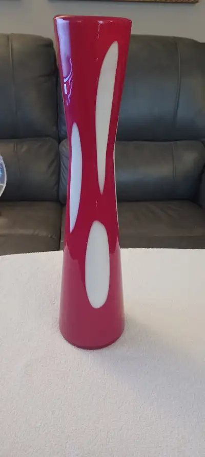 Vintage Tall Vase  19" Stretched Polka-dots Red  White Handblown, View more