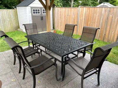 Patio set - Table and 6 chairs with 11ft umbrella and base, View more