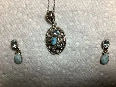 Larimar blue topaz 925 Sterling Silver Necklace and Earings, View more