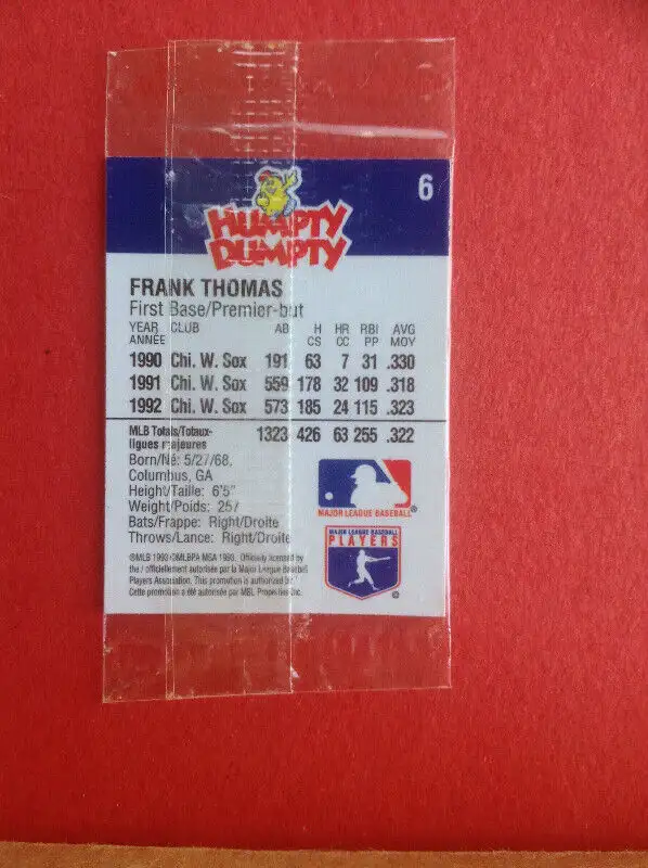 1993 Humpty Dumpty Frank Thomas #6 Baseball Card in Cello in Arts & Collectibles in Longueuil / South Shore - Image 3