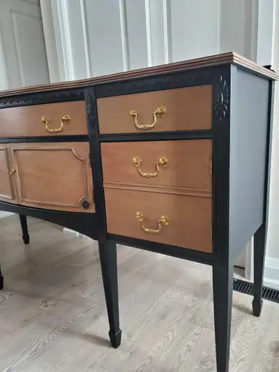 Refinished in Fusion's Coal Black and tanwashed in Fusion's Algonquin. Drawers lined. Original brass...