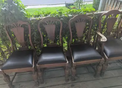 Vintage Wooden Dining Chairs w/ Leather Seats - Set of 4, View more