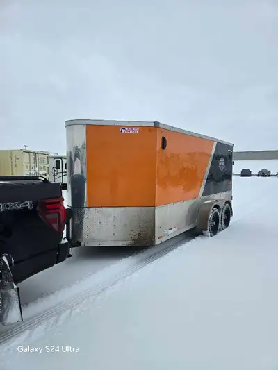 7×14 V nose(16' to nose)Trailer, Torsion Axels, electric jack, rubberized floor, lined walls.
