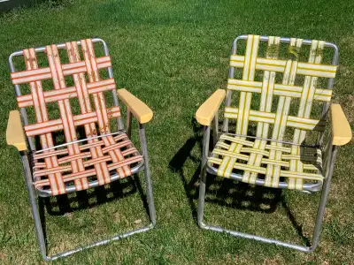 Folding web lawn chairs – vintage $10 each or both for $15 Will need new webbing - can buy chair web...
