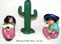 Mexican statuette 3 pc set, sleeping man & woman with cactus