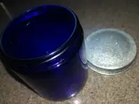 Glass bowl & blue glass jar/ soya bottle