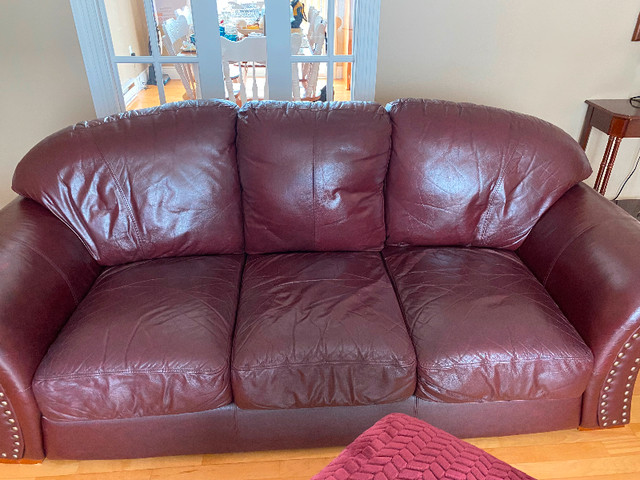 Red leather couch and love seat. Pick up in mount pearl. in Couches & Futons in St. John's