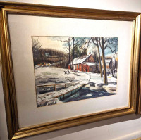 Vintage Framed Earl Gross Winter Farm Watercolour Lithograph Art
