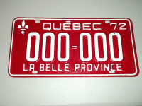 Plaque Immatriculation Québec License Sample 1972 72