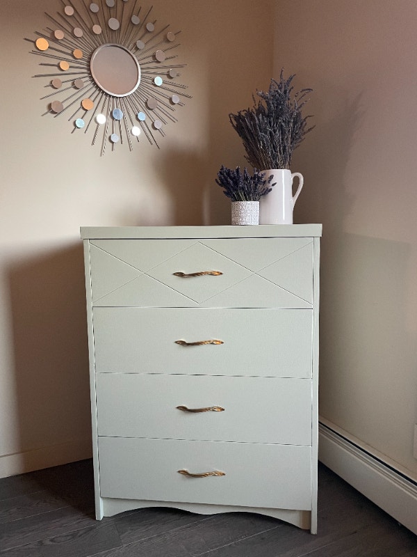 Refinished 1960's Four Drawer Sage Green Dresser Gold Hardware