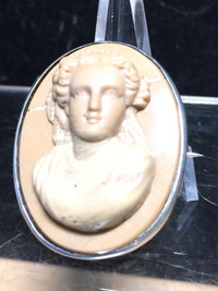 Antique Victorian High-Relief Carved Lava Cameo Brooch Goddess