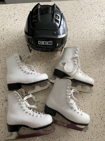 Used junior  skates- 2 pairs white size 11 & 12 with 1 helmet, View more