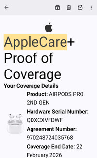 Apple Airpods pro 2, lightning case and box, applecare+ 2.22.26
