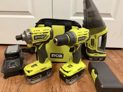 Ryobi One+ drill, impact driver, batteries, vacuum, bits, View more