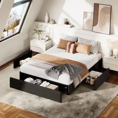 Full Platform Bed Frame with 3 Storage Drawers, Faux Leather, View more